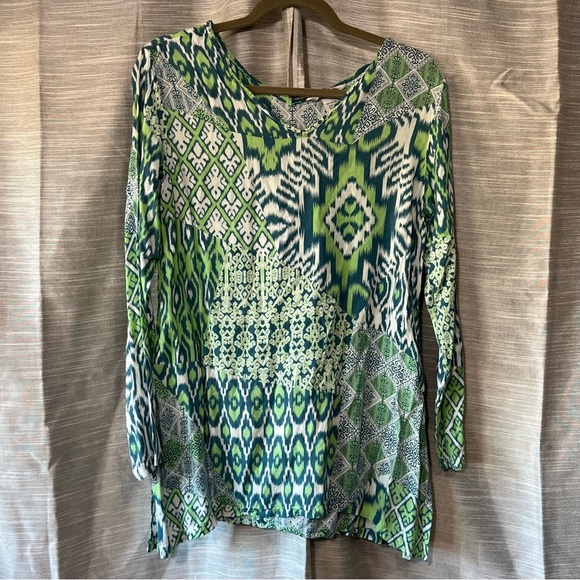 Nomadic Traders‎ Tunic Top Green Blue White Print Long Sleeve Size M - Picture 1 of 4